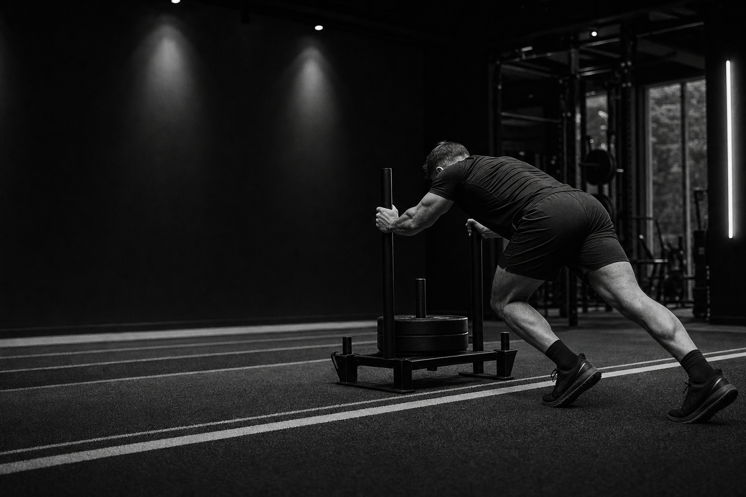 Athlete pushing a weighted sled in a private gym
